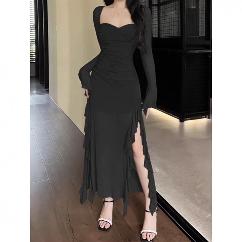 Women's Early Spring High-Waist Mesh Ruffle Bodycon Dress with Square Neck and Slit