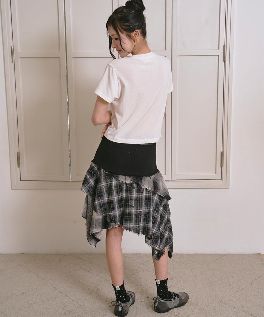 THE GREEN LAB Asymmetrical Check Denim Skirt [Charcoal Gray]