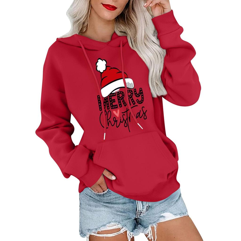 Women's Casual Comfortable Neck Hooded Long Sleeve Christmas Print Warm Sweatshirt
