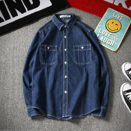 Men's Japanese Retro Denim Long-Sleeve Casual Loose Shirt Jacket, Large Size