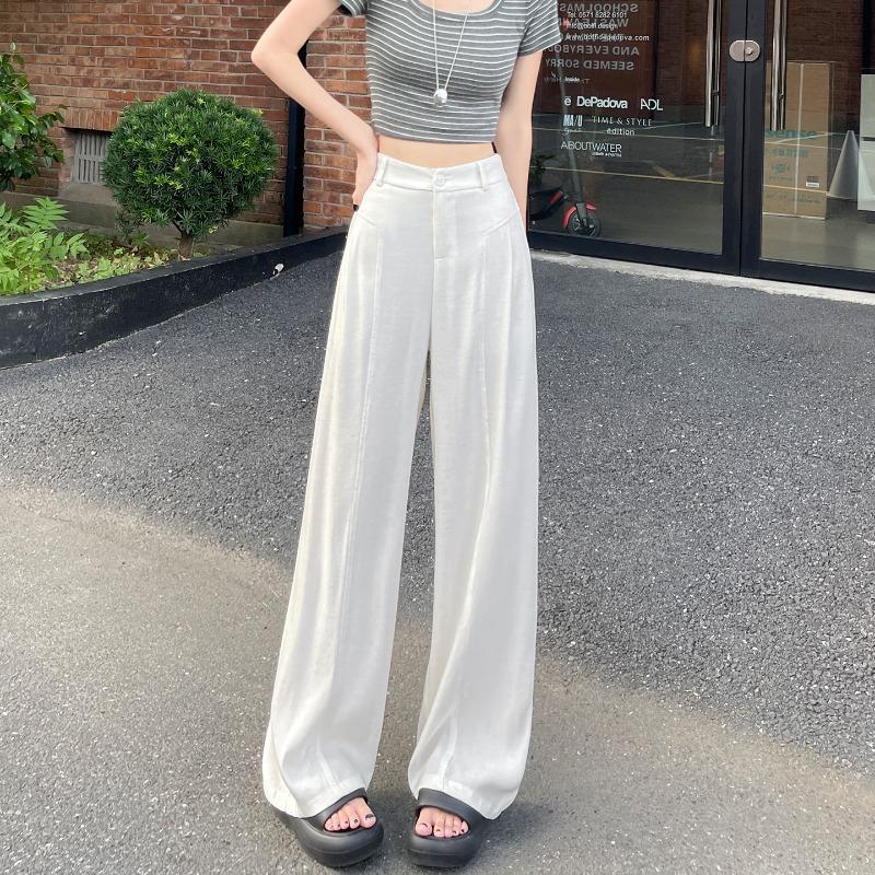 Anti-wrinkle Tencel linen wide-leg pants women's summer thin high-waisted drape straight loose and cool black suit pants