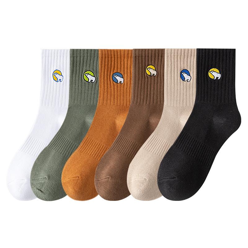 5 Pairs of Men's Autumn Cotton Sports Thick Embroidered Sweat Absorbing Deodorizing Mid Tube Socks