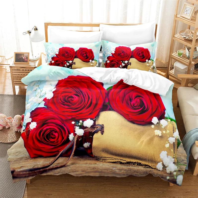 Comforter Rose Flower Bedding Set 4Pcs Pink Red 200X230 For Double Bed 3D Bedsheet 230X230 Full Size Thin Fabric