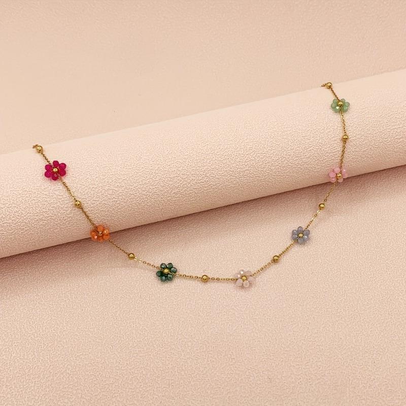 2 Pieces/set of Gold Color Chain Colored Flower Necklace Bracelets, Suitable for Ladies' Sweet Daily Party Jewelry Gifts