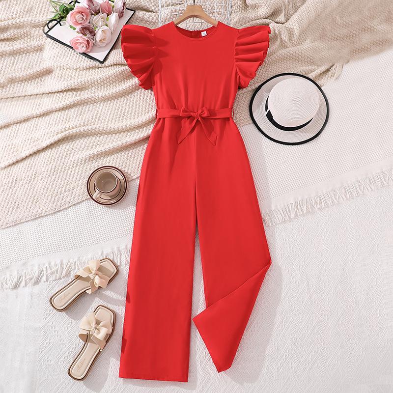 

Girls Fashionable Red Jumpsuit: Spring/Summer Children s Sleeveless Ruffled Wide-Leg Long Jumpsuit 175cm=16Y