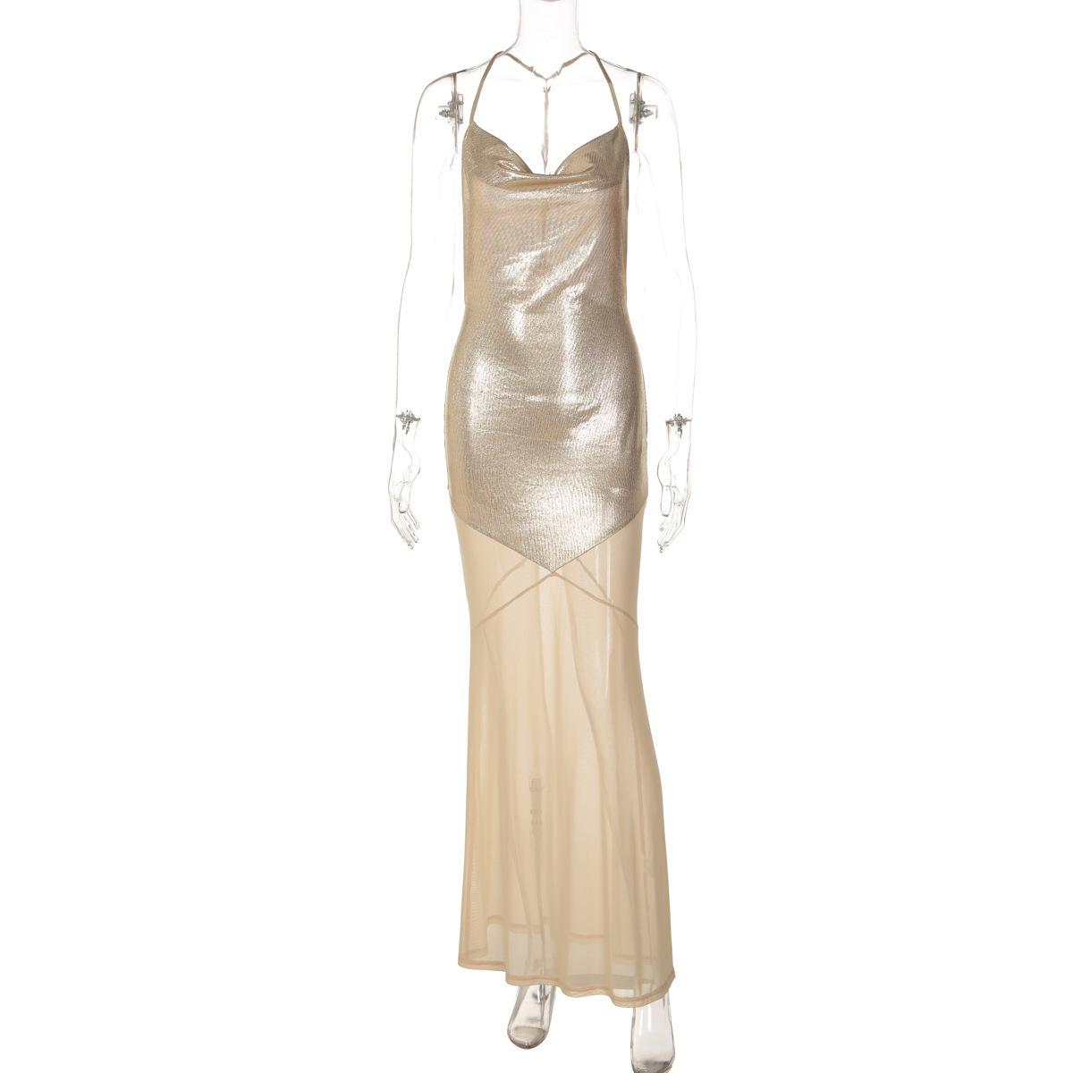 European and American women s clothing 2026 summer new mesh splicing bronzing dress sexy suspender backless dress women S