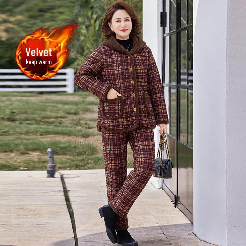 Women's Winter Cotton Two-Piece Set: Fleece-Lined Jacket & Pants for Middle-Aged and Elderly