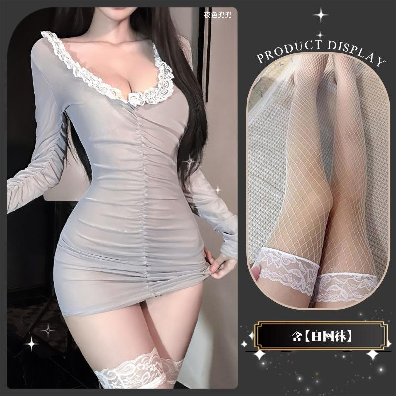 Sexy underwear female sexy deep v perspective lace lace celebrity hip skirt pajama set perspective