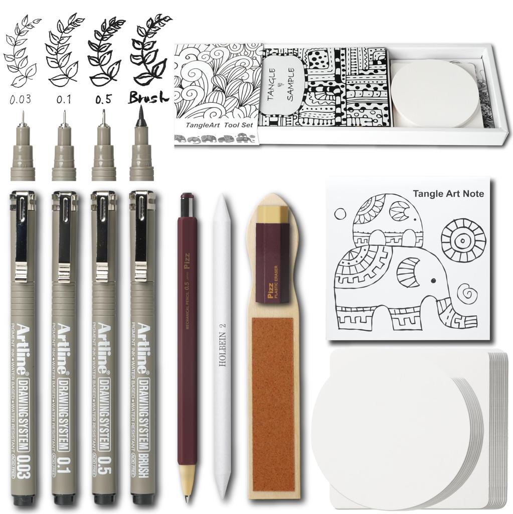 RingLeaf Tangle Art Tool Set Includes 4 Square and Round Art Mechanical and Tangle Sample Toolbox Water-Based Pens, Coasters, Notebook, Scrubber,