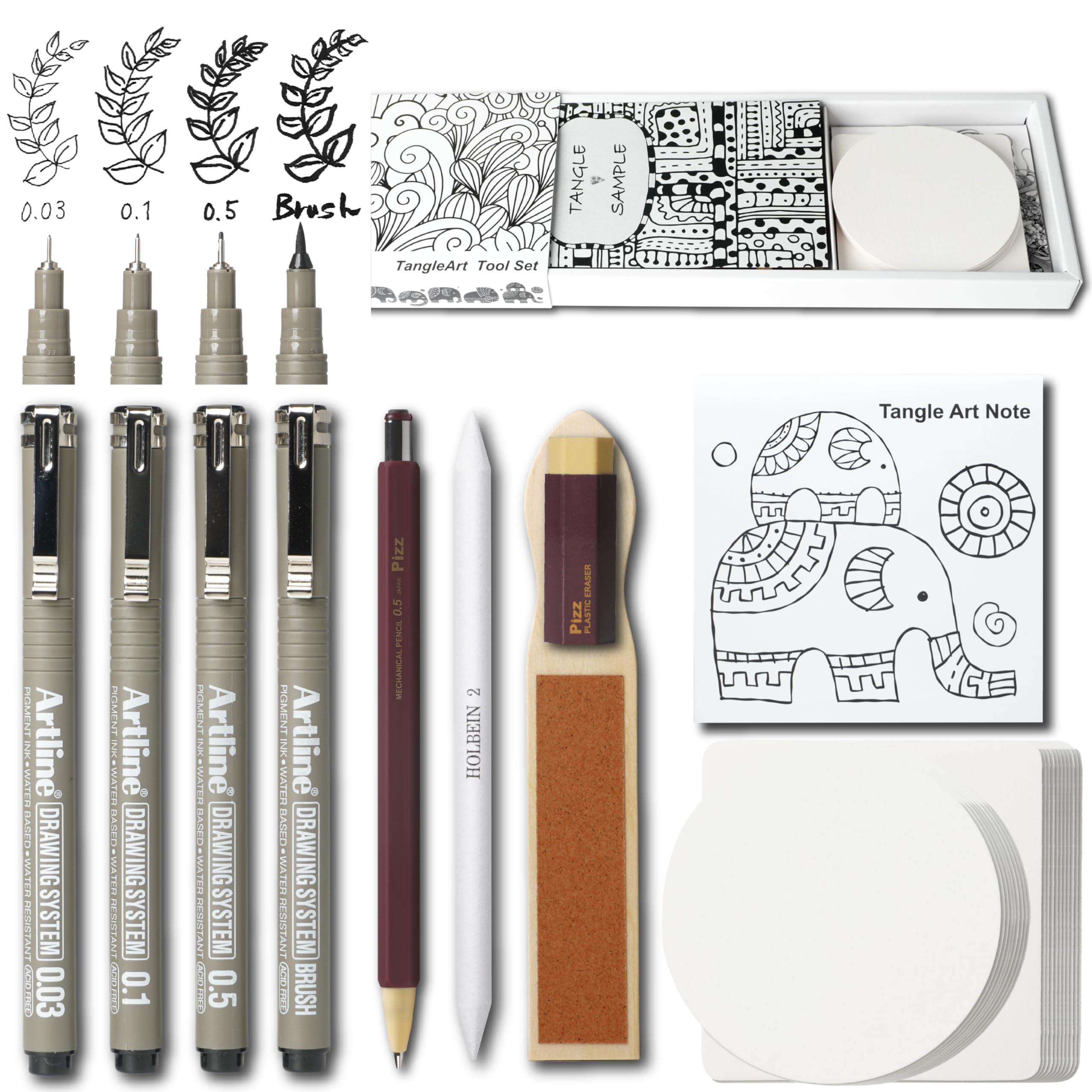 

RingLeaf Tangle Art Tool Set Includes 4 Square and Round Art Mechanical and Tangle Sample Toolbox Water-Based Pens, Coasters, Notebook, Scrubber,