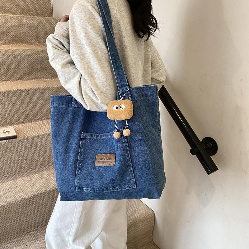 Trendy Korean Style Casual Large Capacity Tote Bag In Deep Blue Soft Denim Fabric