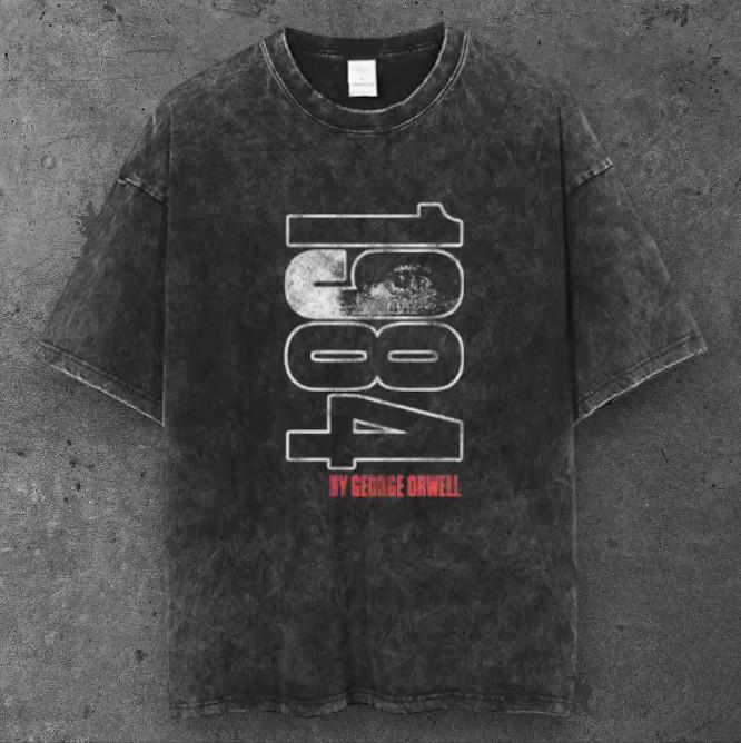 Mens 1984 Graphic Cotton T Shirt Washed Black Grunge Aesthetic S-3XL S