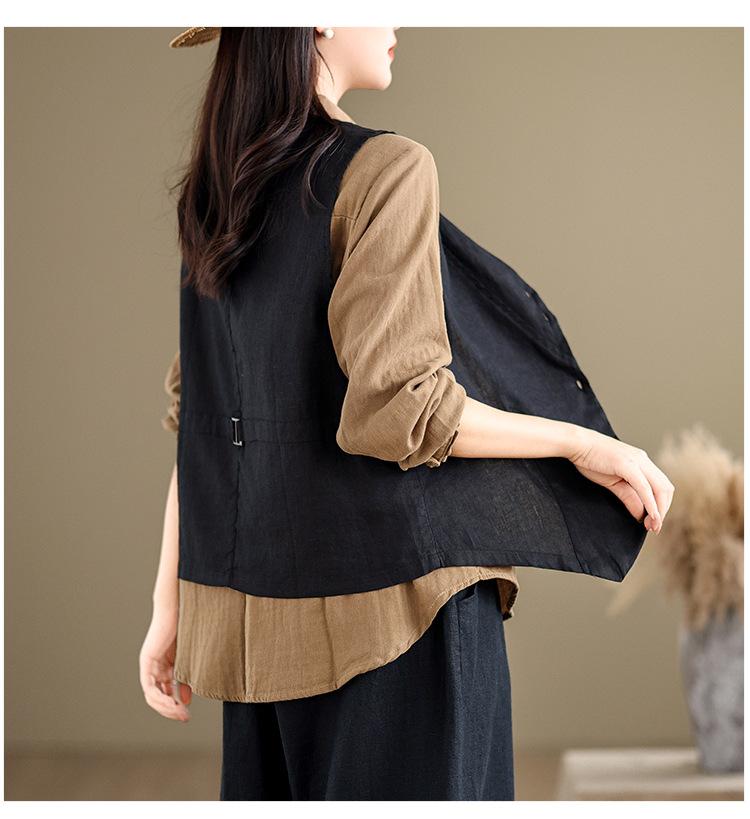 Summer Cotton and Linen Literary Retro Loose Sleeveless Blouse Vest Waistcoat Cardigan Vest Women