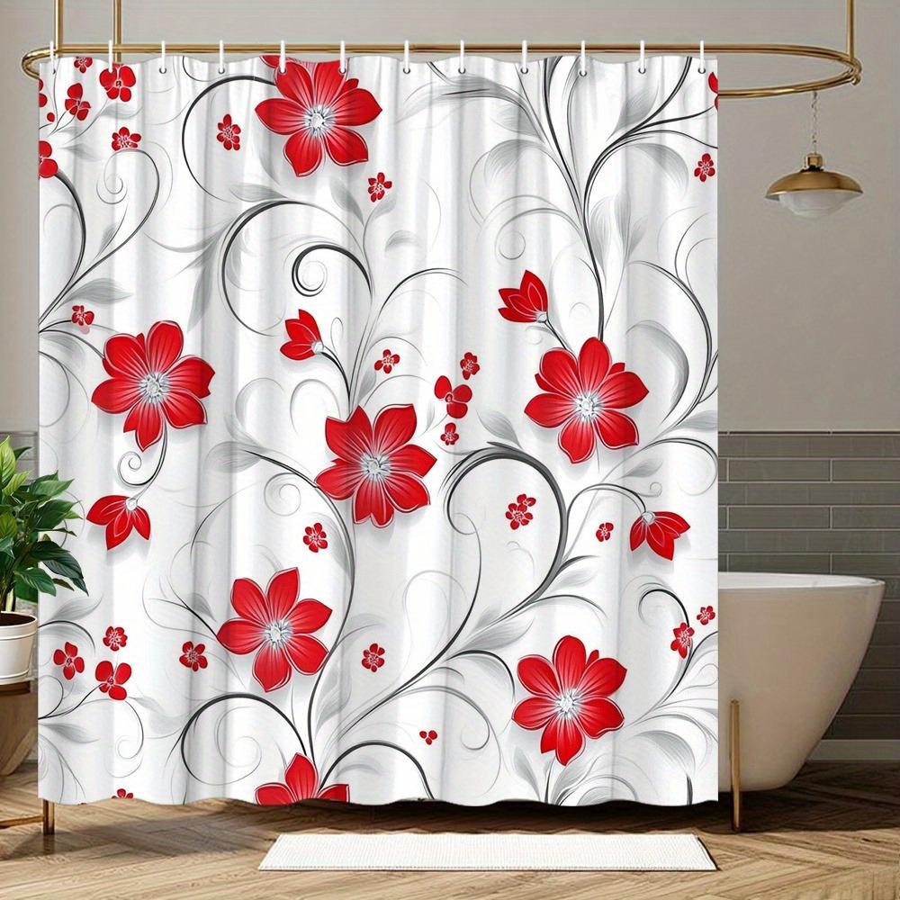 

1Pc Red Floral Patterned Shower Curtain, Polyester Fabric, Machine Washable, With Hooks, Suitable For Bathroom Dcor. W60H190(CM)-1 Pcs