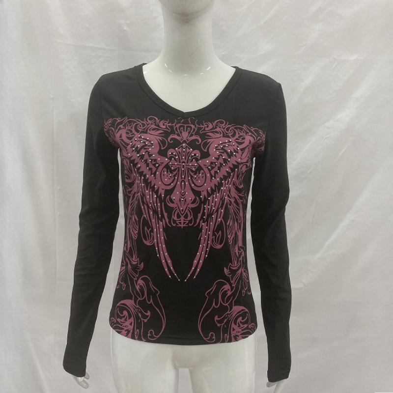 Y2K Spring and Autumn Printed Tight Fit Fit Top Round Neck Women's Wear