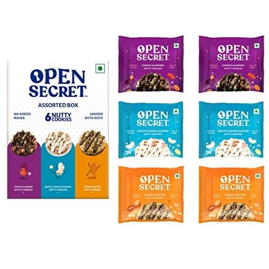 Open Secret Multi Flavor Assorted Story Box with Choco Almond, White Choco Cashew & Peanut Butter Nutty Cookies | 6 Cookies, 75g