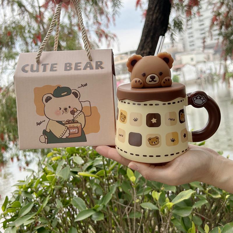 Korean version bear mug large capacity with lid straw creative cup cute coffee cup drinking cup gift box