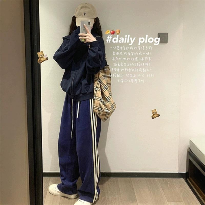 High Street Drawstring Side Striped Sports Wide Leg Pants Women's Autumn and Winter New High Waist Loose Straight Casual Sweatpants