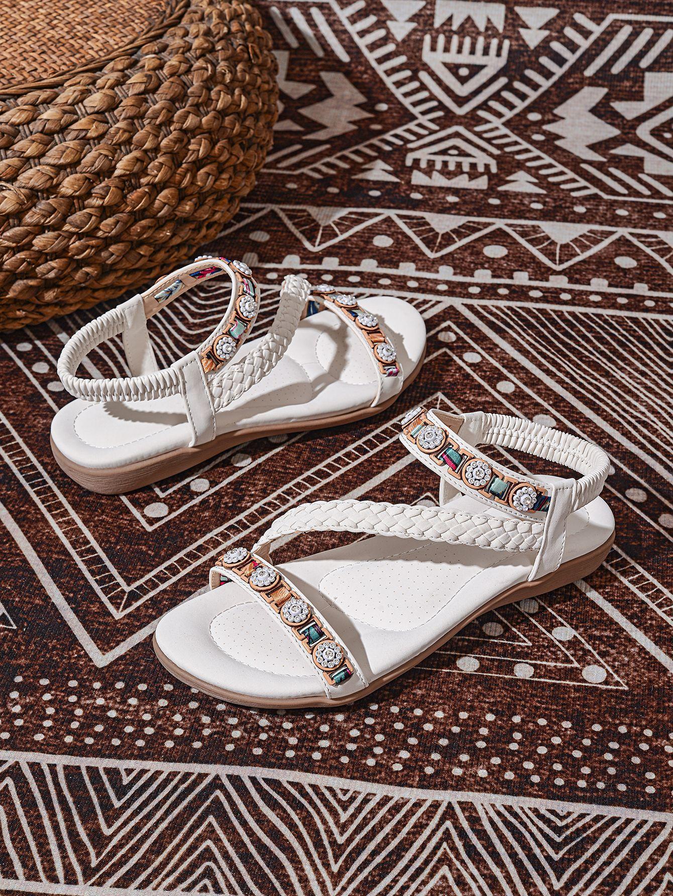 

Новая модная женская обувь 2025 года, летние бохо-повседневные нескользящие сандалии со стразами на плоской подошве 41 слоновая кость