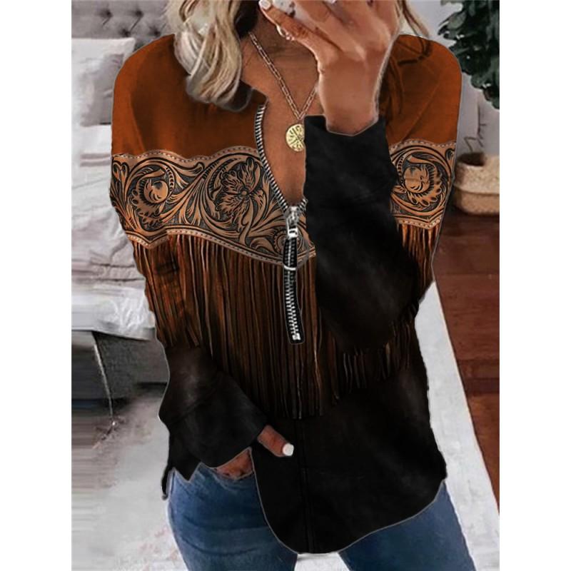 Womens Trendy Abstract Print Half-Zip Long Sleeve Hooded Sweatshirt Streetwear