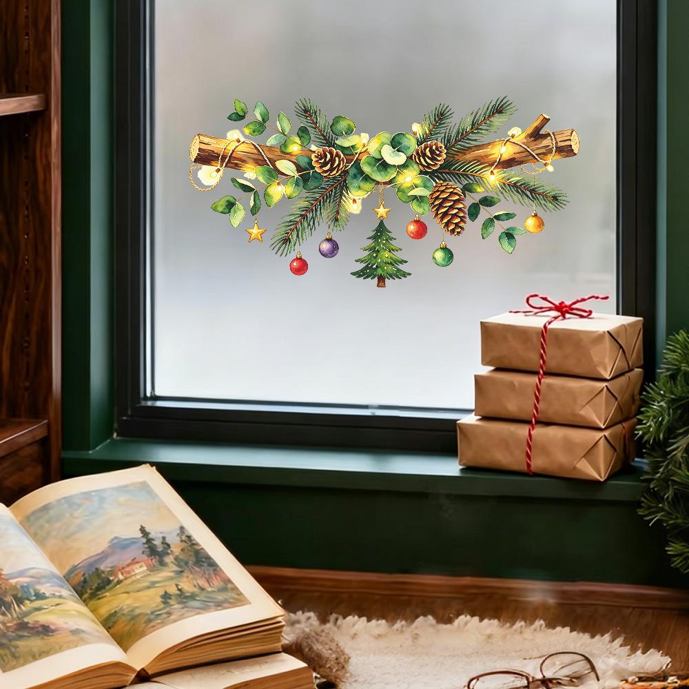 Christmas Painted Pine Tree Branches, Outdoor Balcony Glass Window Decoration with Window Stickers