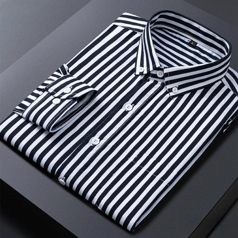 Men's Striped Shirts Formale Casual Printed Plaid Shirt Long Sleeve Slim Fit Botton Down Male Office Business Dress Shirt M-5XL