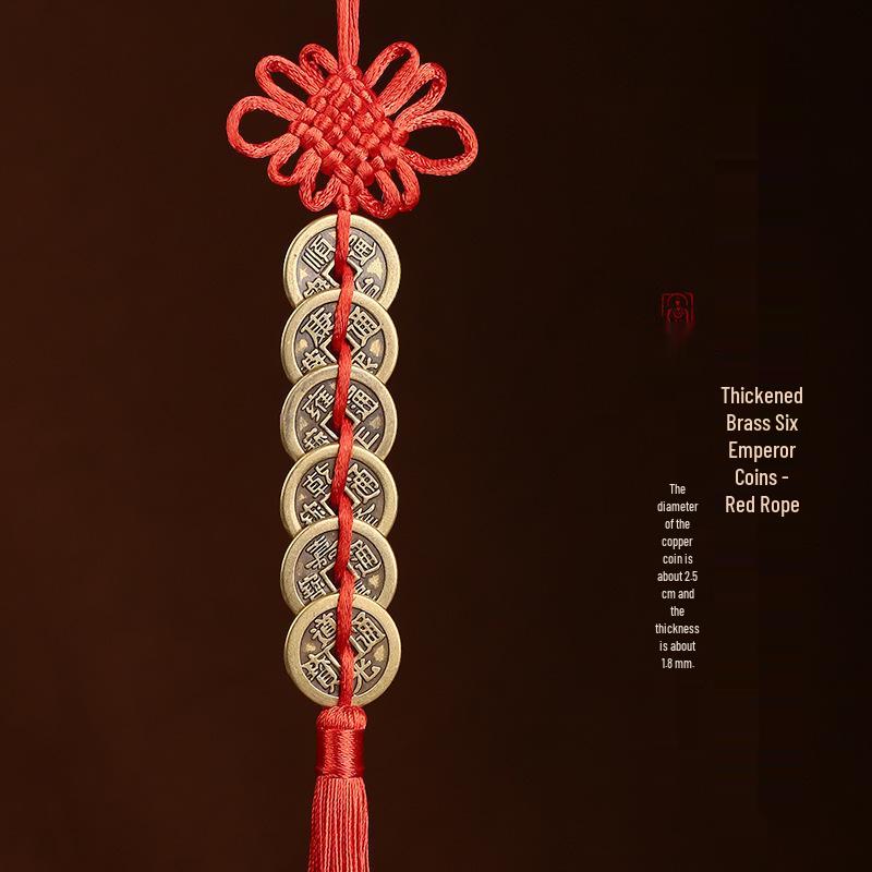 Reines Messing Fünf/Sechs Kaiser Münzen Anhänger mit Chinesischem Knoten, Rot-Gelb, Verdickt 2,5cm-2,8cm Kupfermünzen