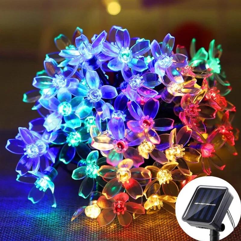 

50/20 светодиодных солнечных гирлянд, 8 режимов, уличные солнечные светильники в виде цветка вишни, рождественские украшения для патио, сада, свадьбы, вечеринки 7M 50LED
