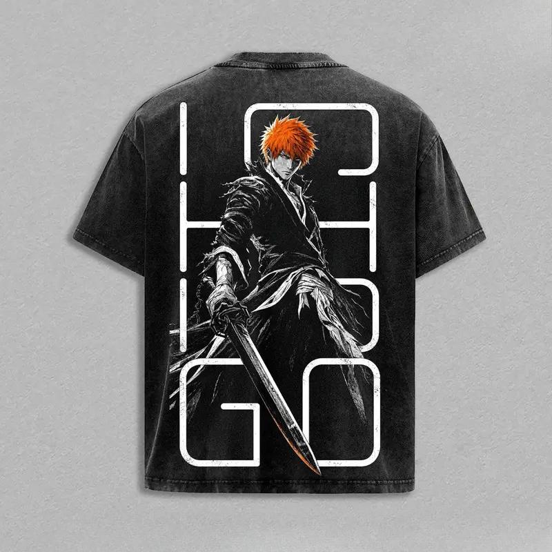 Manga BLEACH Kurosaki Ichigo Printed Tee Men Women Short Sleeve Clothing Washed Cotton T-shirt Casual T Shirt Harajuku Tshirt