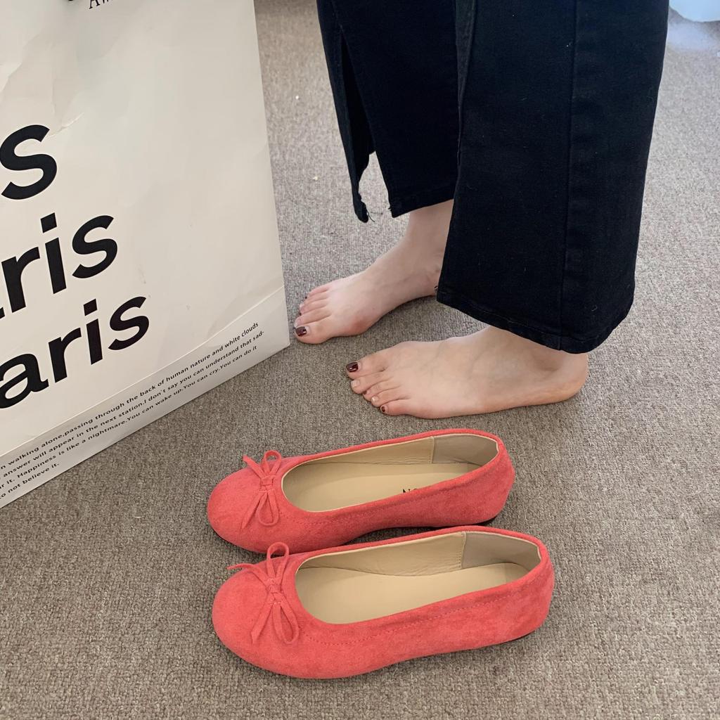 2025 Autumn New Retro Gentle Soft-soled Ballet Shoes Shallow Mouth Flat-soled Bow Matte Velvet Round Head Single Shoes Women
