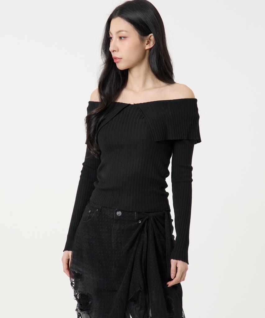 UNKNOWN PLANET Ruffle Boat Neck Long Sleeve Knit Top Black