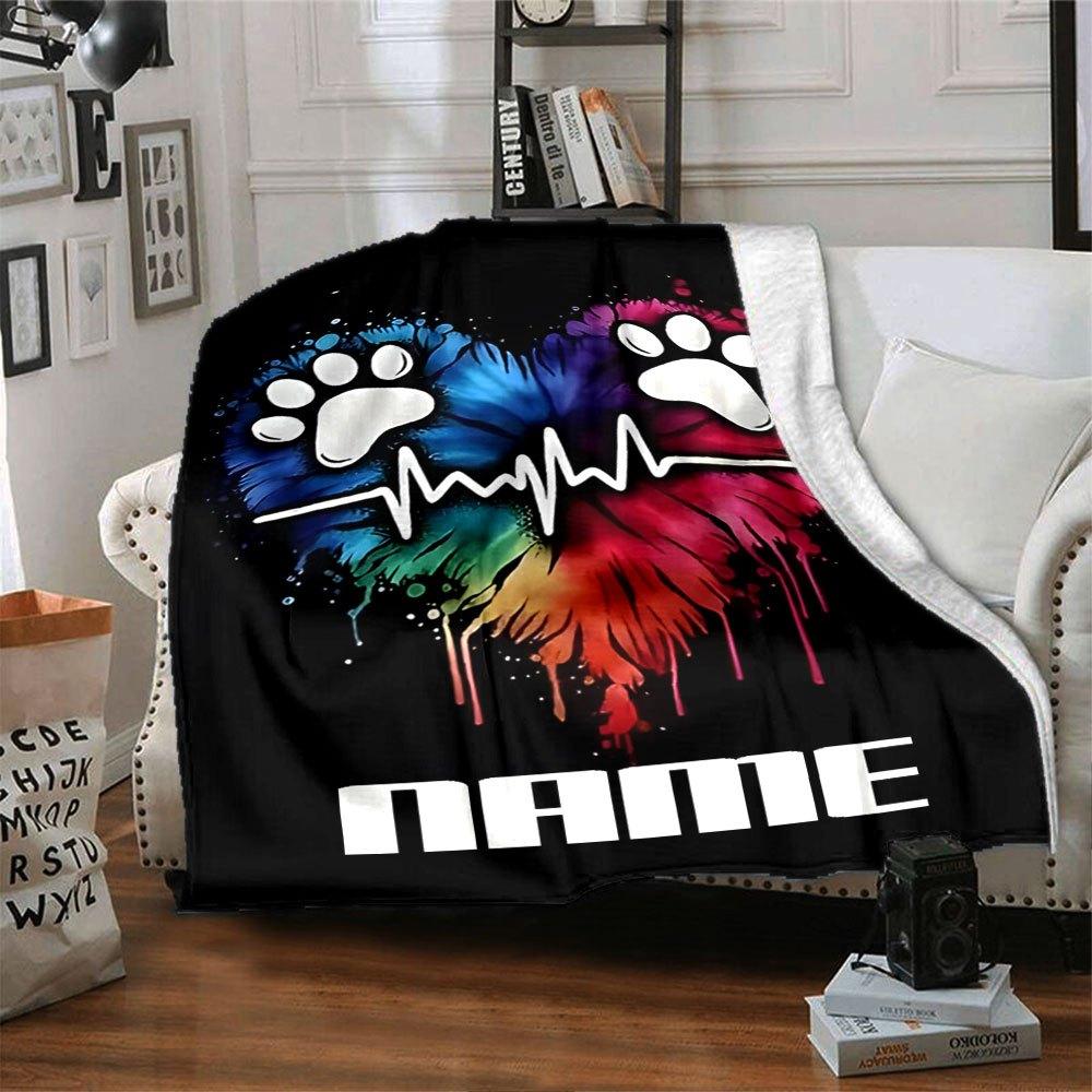 Heartbeat Of Love With Paw Prints Gift Personalized Blanket Customize Your Name Soft Warm Cozy Perfect For Sofa Couch Office Bed Picnics Four Seasons