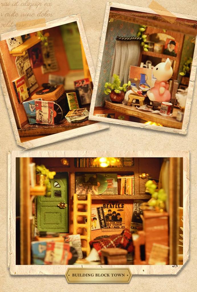 moin moin Dollhouse Miniature Handmade Kit Set Freely Arranged and Stacked Colorful City of and Rabbit Light Blue Blue LED Light with Removable Front