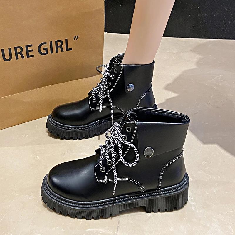 Women's Shoes 2024 Ankle Women's Boots Classics Modern Boots Women Turned-over Edge Round Toe Med Heel Front Lace-up Shoes Women