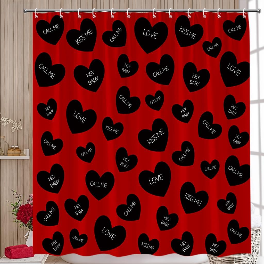 Valentines Shower Curtain Colorful Heart Love Sweet Romantic Couple Valentine's Theme Fabric Bathroom Curtain Set with Hooks