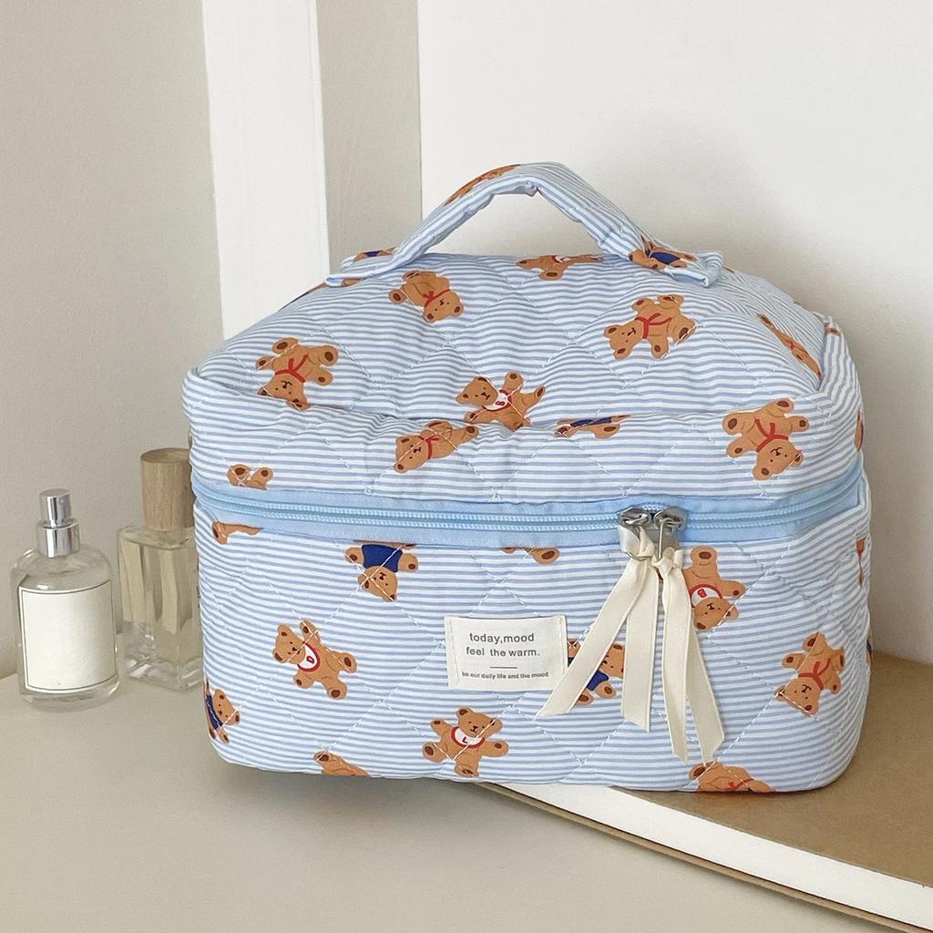 Pink Beige Bear Pattern Women Cosmetic Bag Cute Zipper Makeup Travel Organizer Female Handbag Toiletry Pouch for Girls