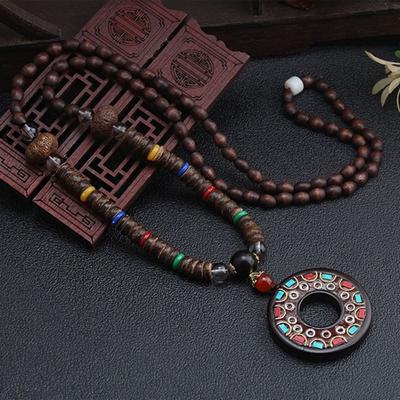 Vintage ethnischen Stil Anhänger Halskette Holz Perlen handgemachte Frauen Pullover Halskette Schmuck Geschenk Mode-Accessoires