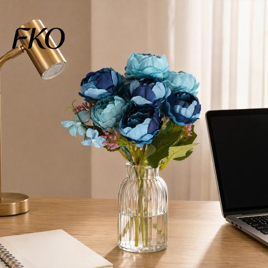 Home Decor Silk Flowers 7 Heads Artificial Peony Flowers, Vintage Fake Flower Arrangements Wedding Blue Bouquet Bouquets Decorations, Floral