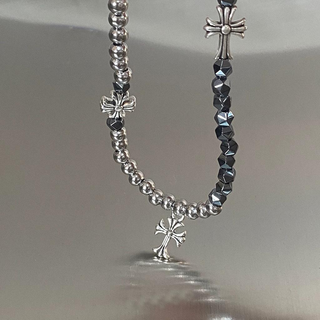Personalized Beaded Cross, Black Gallstone Splicing Necklace, Men's Retro High-end Sense, Versatile Neck Chain, Women's Niche Couple Tide