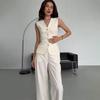 New Solid Color Sleeveless V-Neck Button Tie-Up Top with Straight Pants Set On Amazon Cross-Border Amazon Europe, America