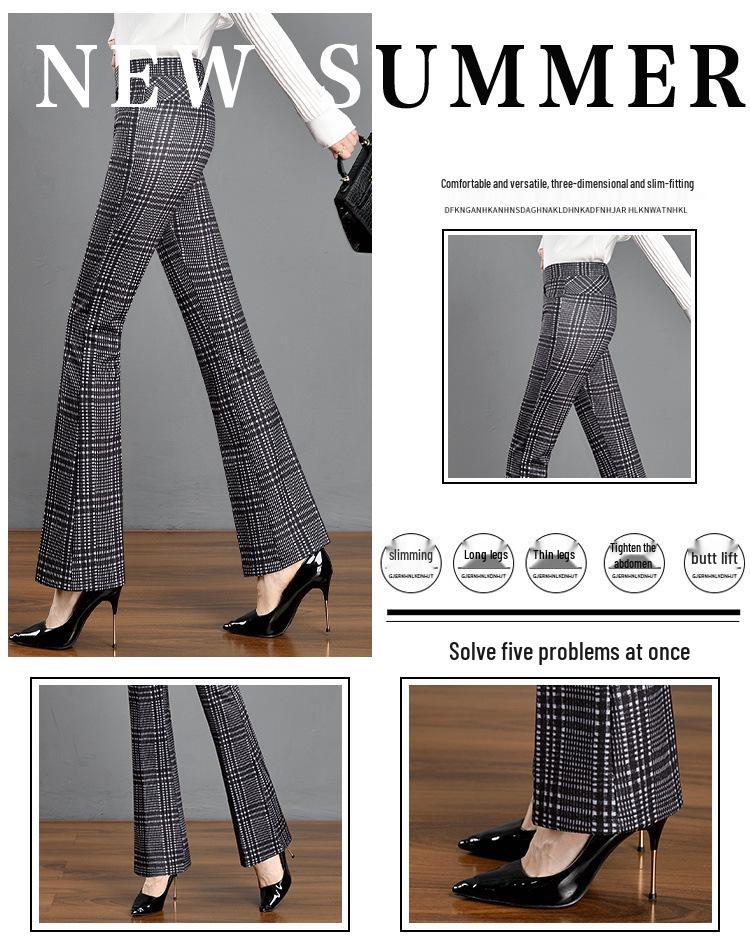 2025 Stylish Plaid Micro-Flare Women's Pants – Slimming, Body-Shaping & Elastic for Spring