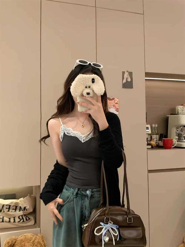 Graues Spitzen-Slim-Fit-Camisole mit eingebauten BH-Polstern - Damen Sommer Ärmelloses Top