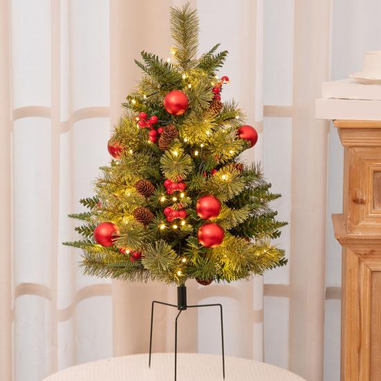 23 Inch Lighted Artificial Christmas Urn Filler Pre-lit Xmas Pine Tree with Cones Red Berries Tripod Stake And LED Light Outdoor Porch Planter Filler