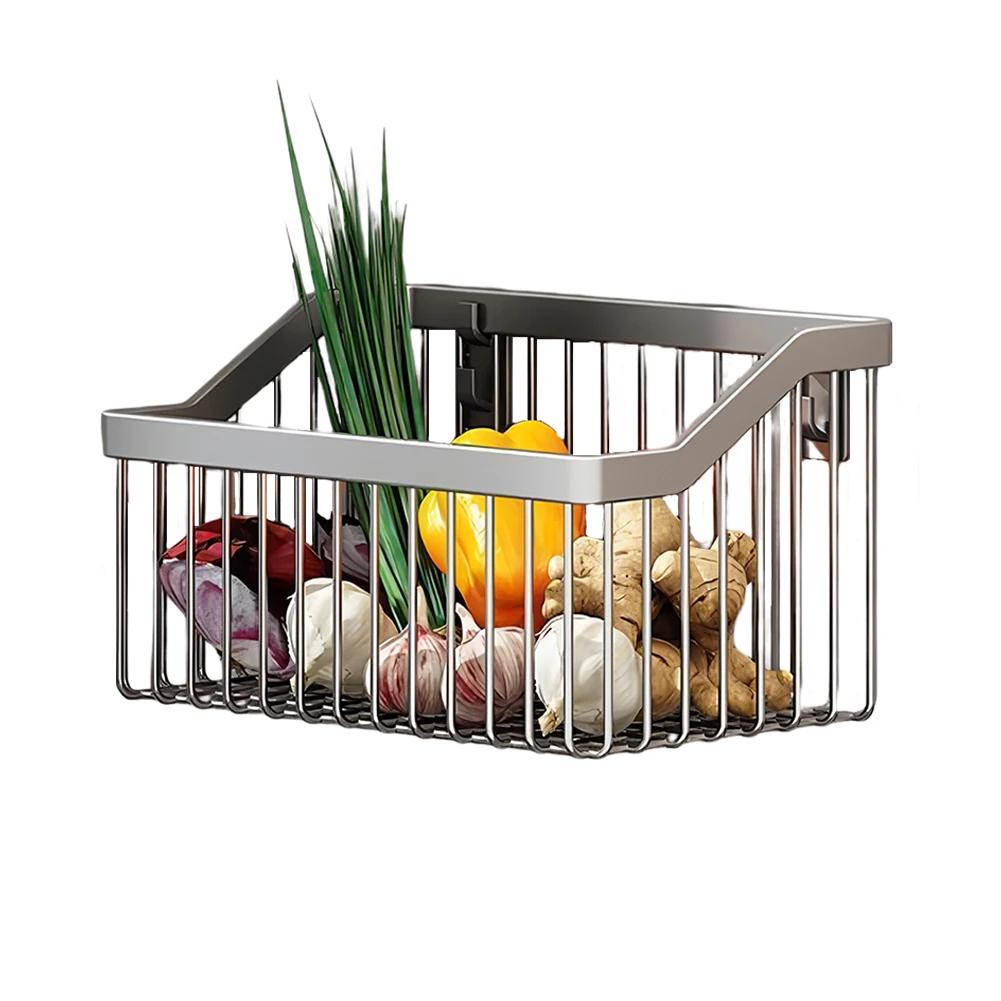 Kitchen Hanging Storage Basket Shelf Wall Fruit Vegetable Draining Rack Carbon Steel Dish Drying Holder Sundries Organizer