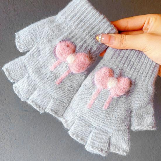 1 Pair Winter Half Finger Gloves for Women Cute Fingerless Mittens with Bow Plush Warm Stretchy Gloves for Women Girls