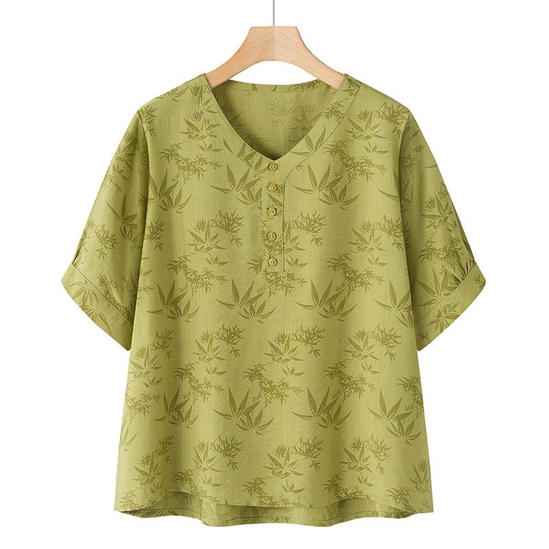 

Summer 2025 Chinese Style V-Neck Short-Sleeve Women s T-Shirt 3XL (Suggested 120-135 Jin) зелёный