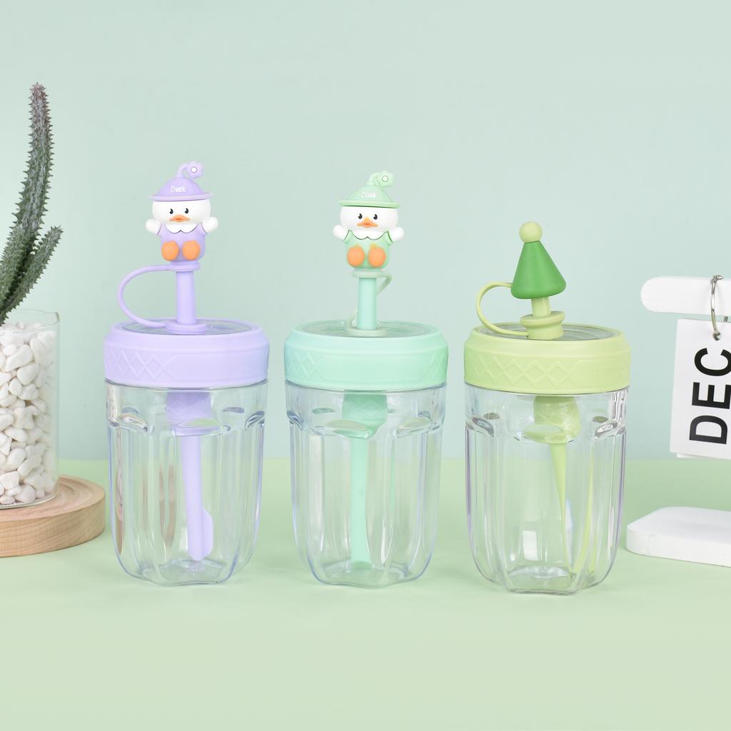 Water bottle summer transparent cute duckling plastic cup portable silicone cartoon children's straw cup high value juice cup