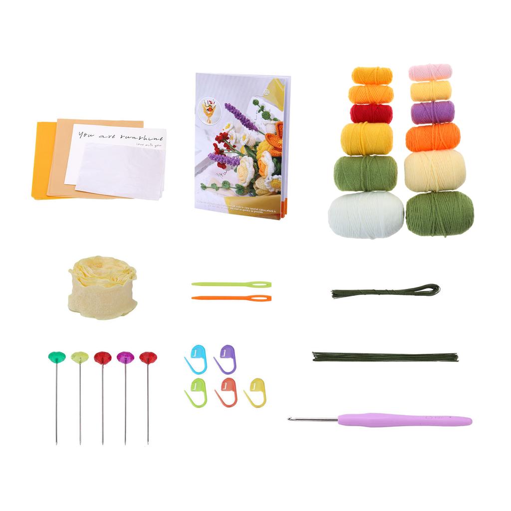 DIY Crochet Flower with Yarn Crochet Hook Needle Step-by-Step Instruction Knitting Markers for Kid Adult DIY Craft