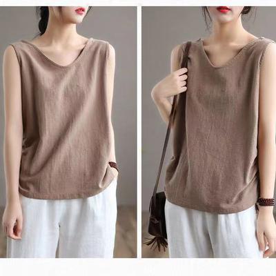 Plus-Size Women's Summer Sleeveless Tank Top - Breathable Cotton Loose Vest for Casual Wear & Beach Coverup
