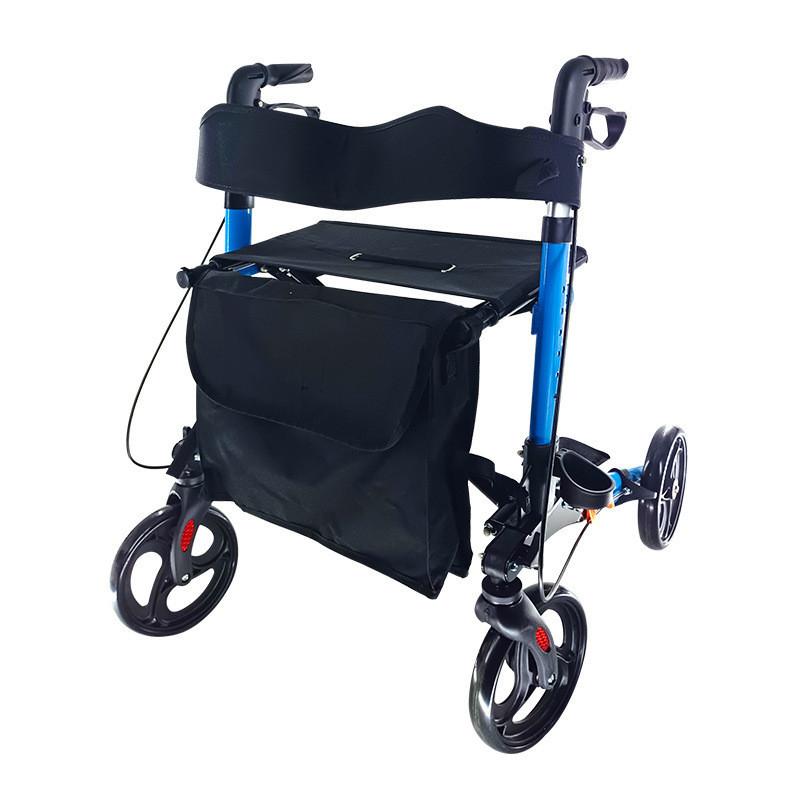 Elderly Four Wheeled Walking Aid Vehicle Household Walking Aids with Brakes and Widened Seat Cushions Adjustable Height Shopping Cart with Storage Bag